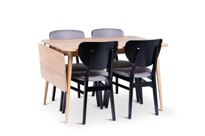 Odense Uttrekkbar Spisegruppe 120-160 cm med 4 Borgholm Stoler i heltre, Natur/Svart