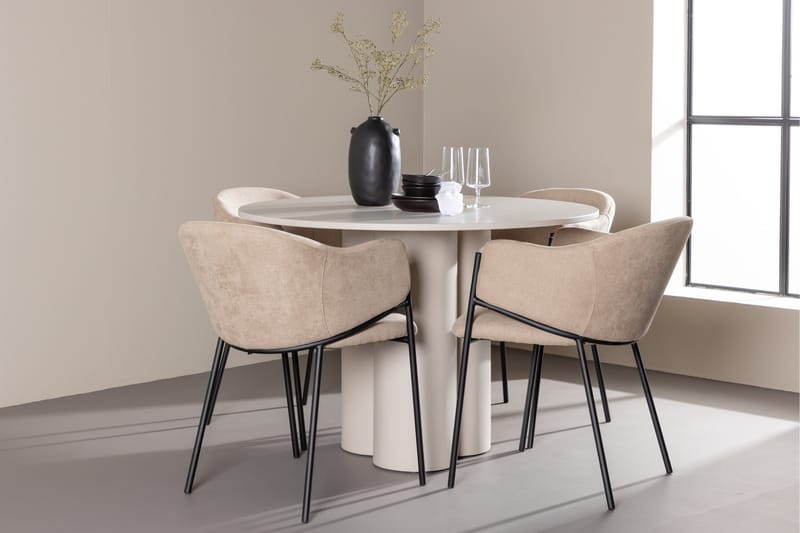 Olivia Spisegruppe 110 cm Rund med 4 Evelina stoler - Beige/Beige - Møbler - Bord - Spisegrupper