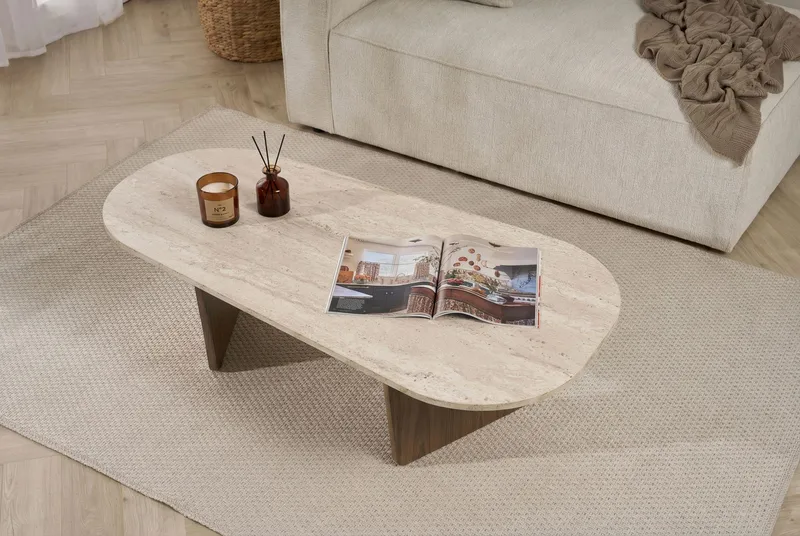 Omari Sofabord 130 cm - Travertin og valnøtt - Møbler - Bord - Sofabord