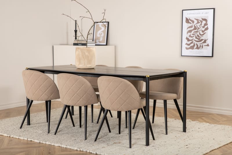 Pelle Spisegruppe 190 cm Rektangulær med 6 Velvet-stoler - Beige - Møbler - Bord - Spisegrupper
