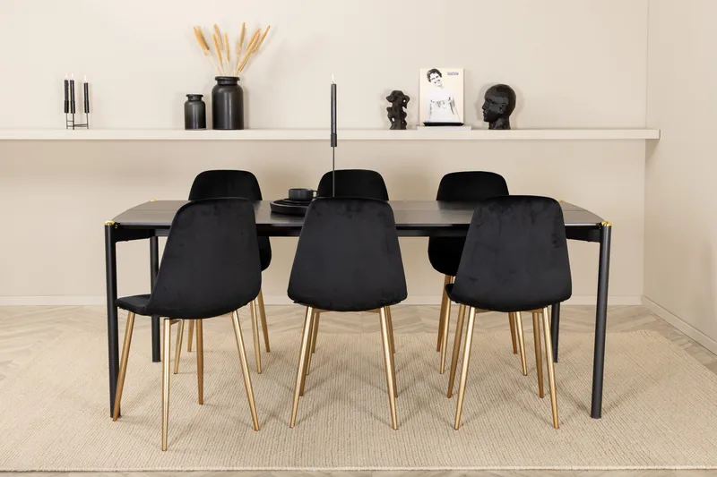 Pelle Spisegruppe 190 cm Rektangulær med 6 Polar-stoler - Sort/Guld - Møbler - Bord - Spisegrupper