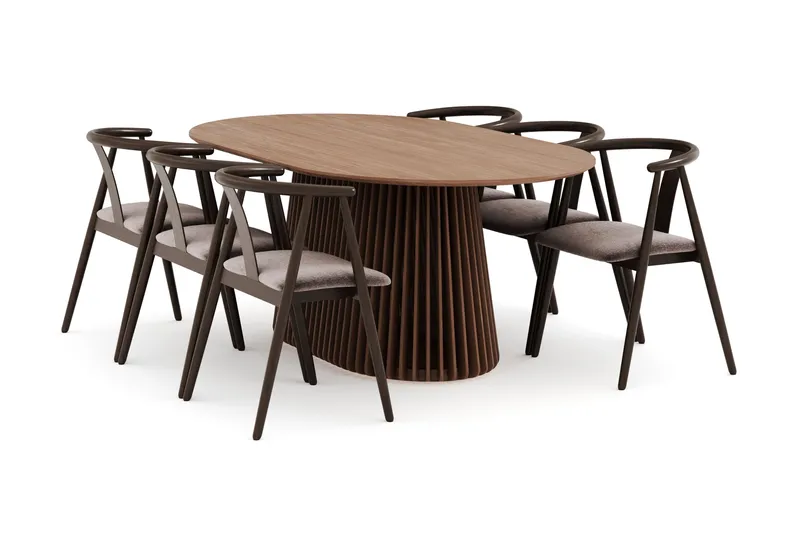 Peyra Ovalt Spisegruppe Massiv Valnøtt 200 cm med 6 Cytie Spisestoler med armlener, Valnøtt