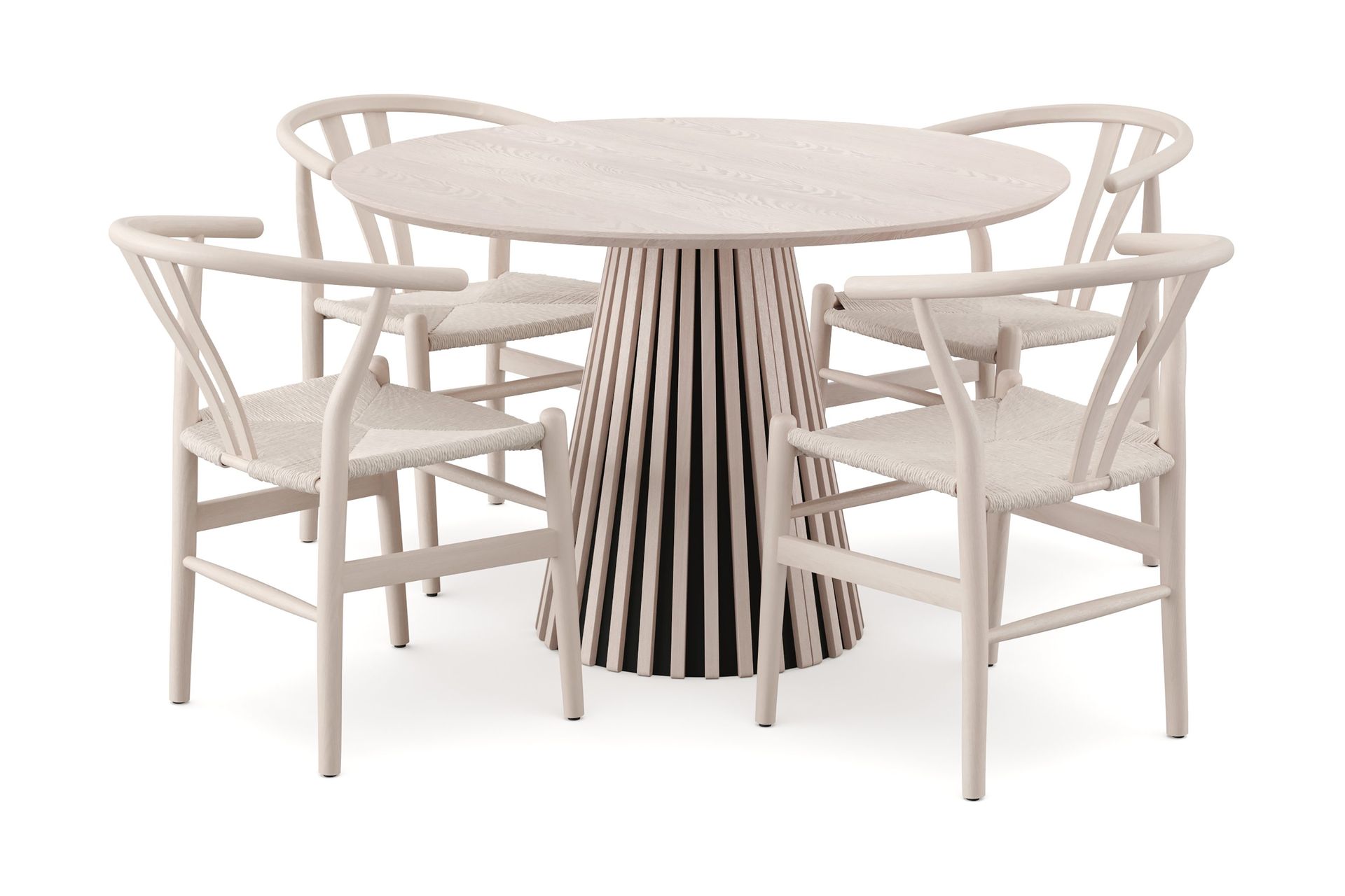 Peyra rund spisegruppe 110 cm hvitlasert med 4 Dastoori spisestoler - Hvitbeiset