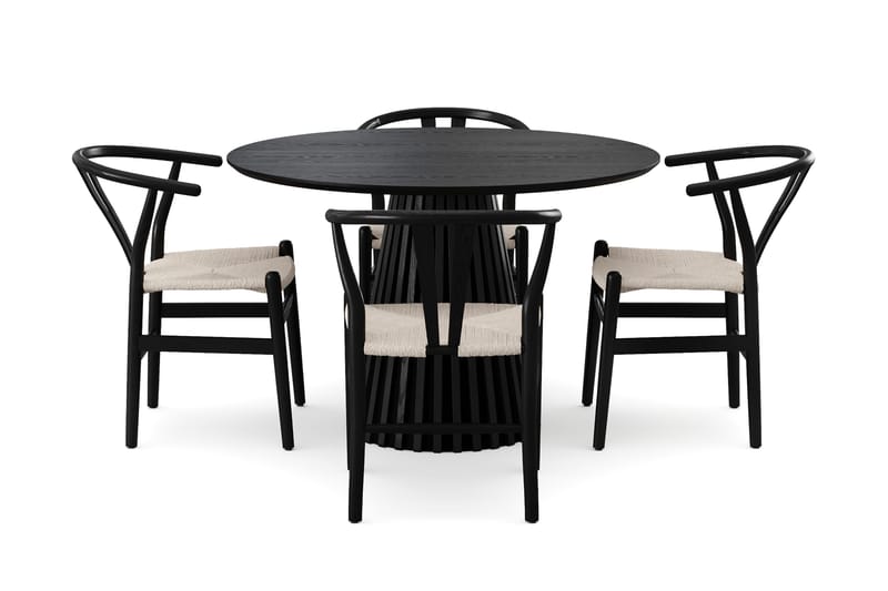 Peyra rund spisegruppe 110 cm svart med 4 Dastoori-spisestoler - Svartbeiset eik - Møbler - Bord - Spisegrupper