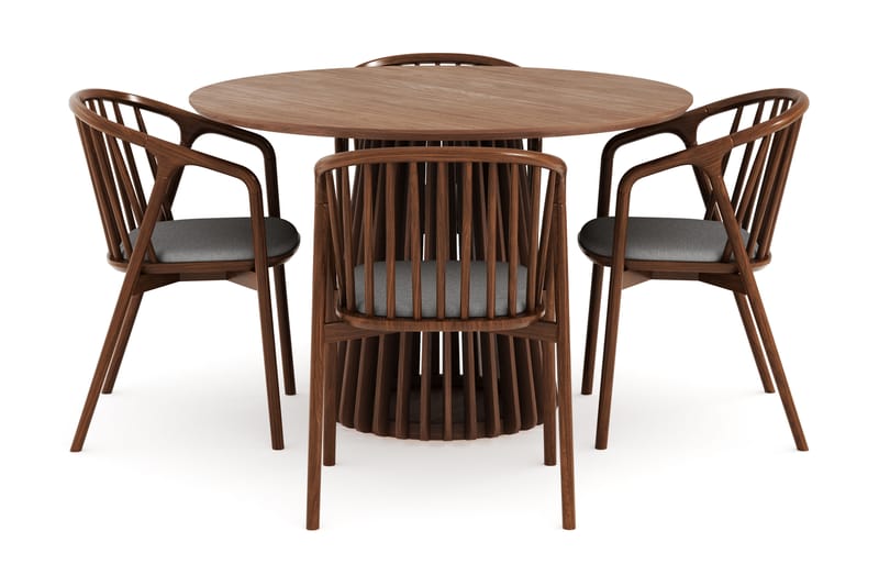 Peyra Rund Spisegruppe 120 cm med 4 Noira Spisestoler - Valnøtt - Møbler - Bord - Spisegrupper