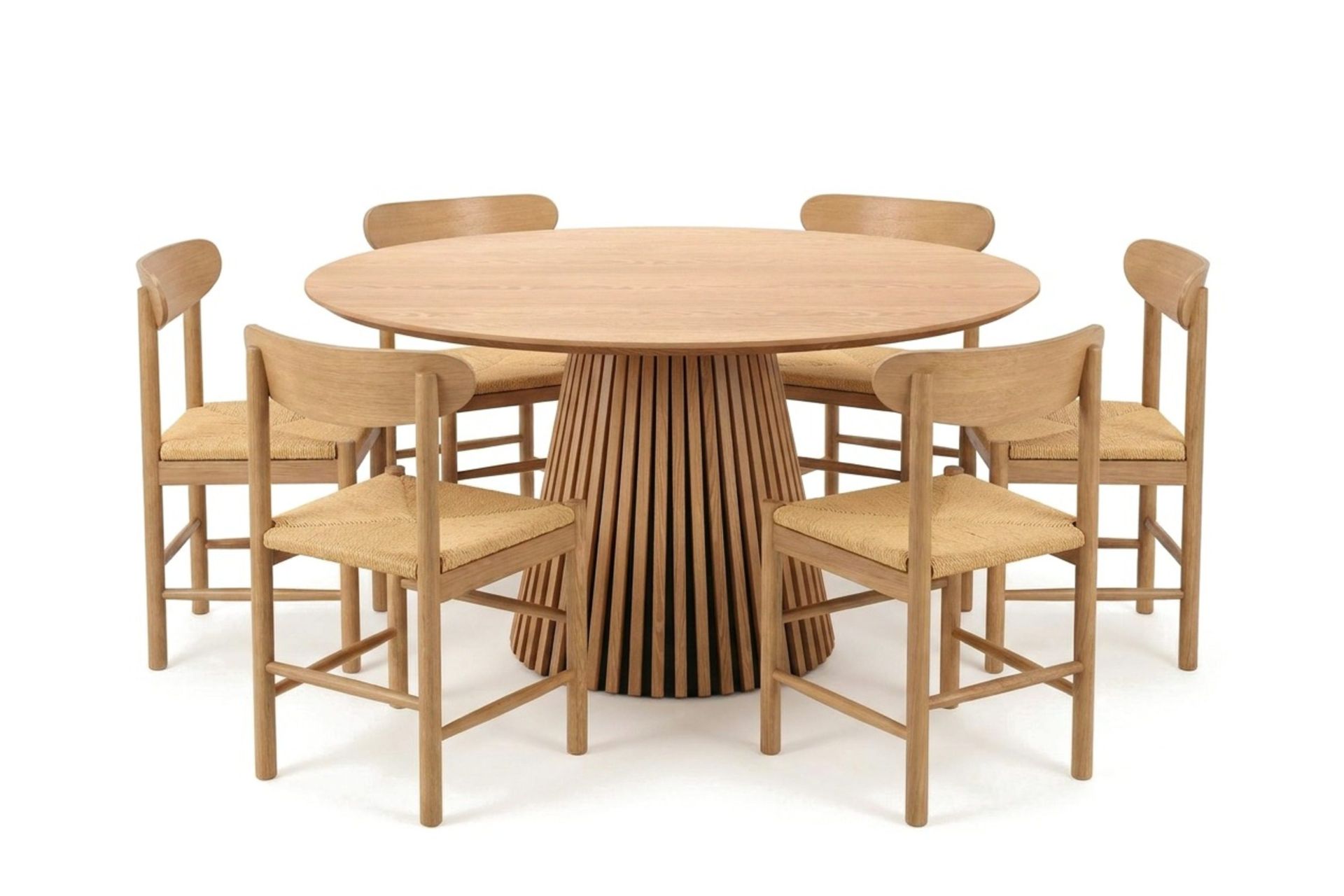 Peyra rund spisegruppe 130 cm eik med 6 Malte-spisestoler -