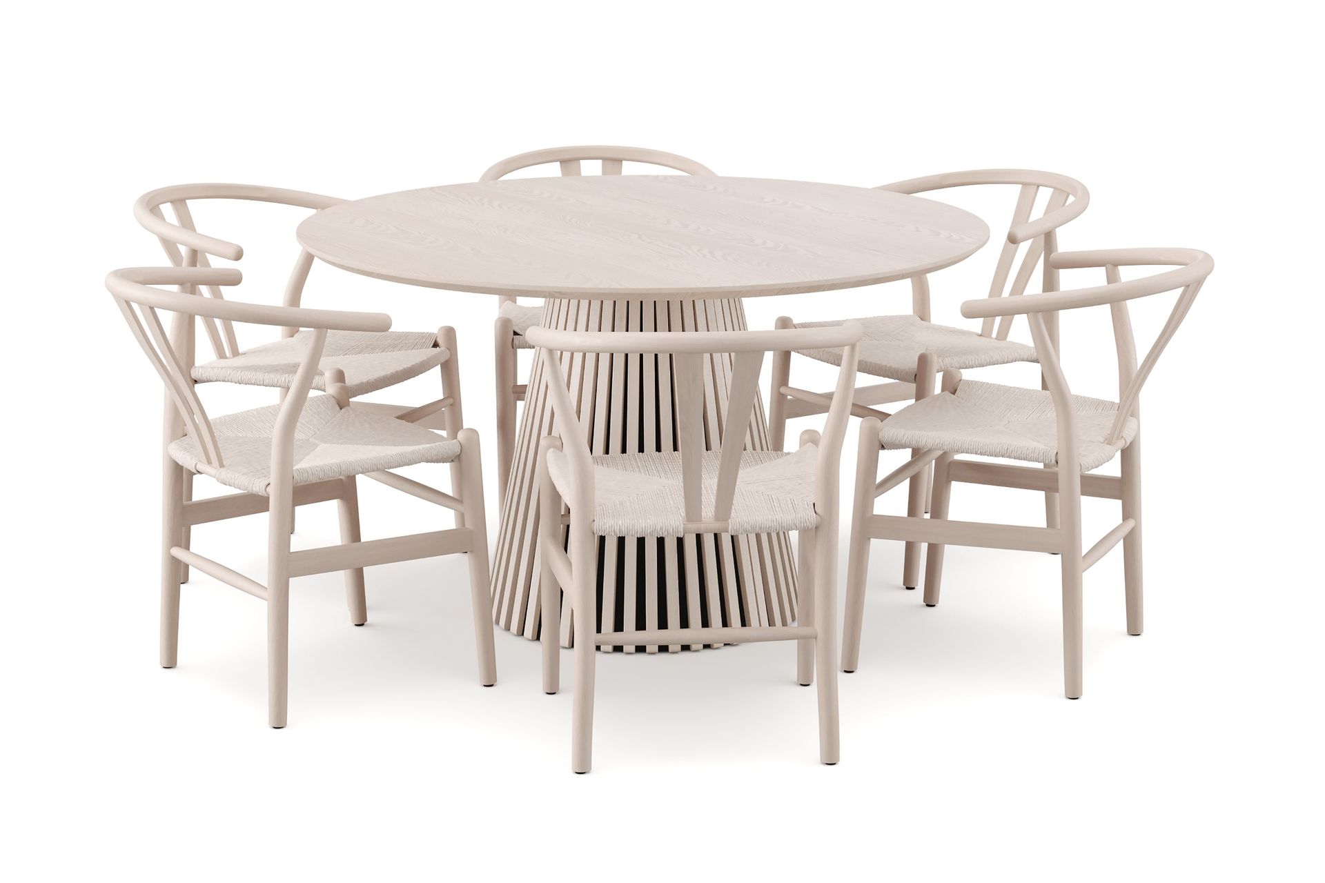 Peyra rund spisegruppe 130 cm hvitbeiset med 6 Dastoori-spisestoler - Hvitbeiset