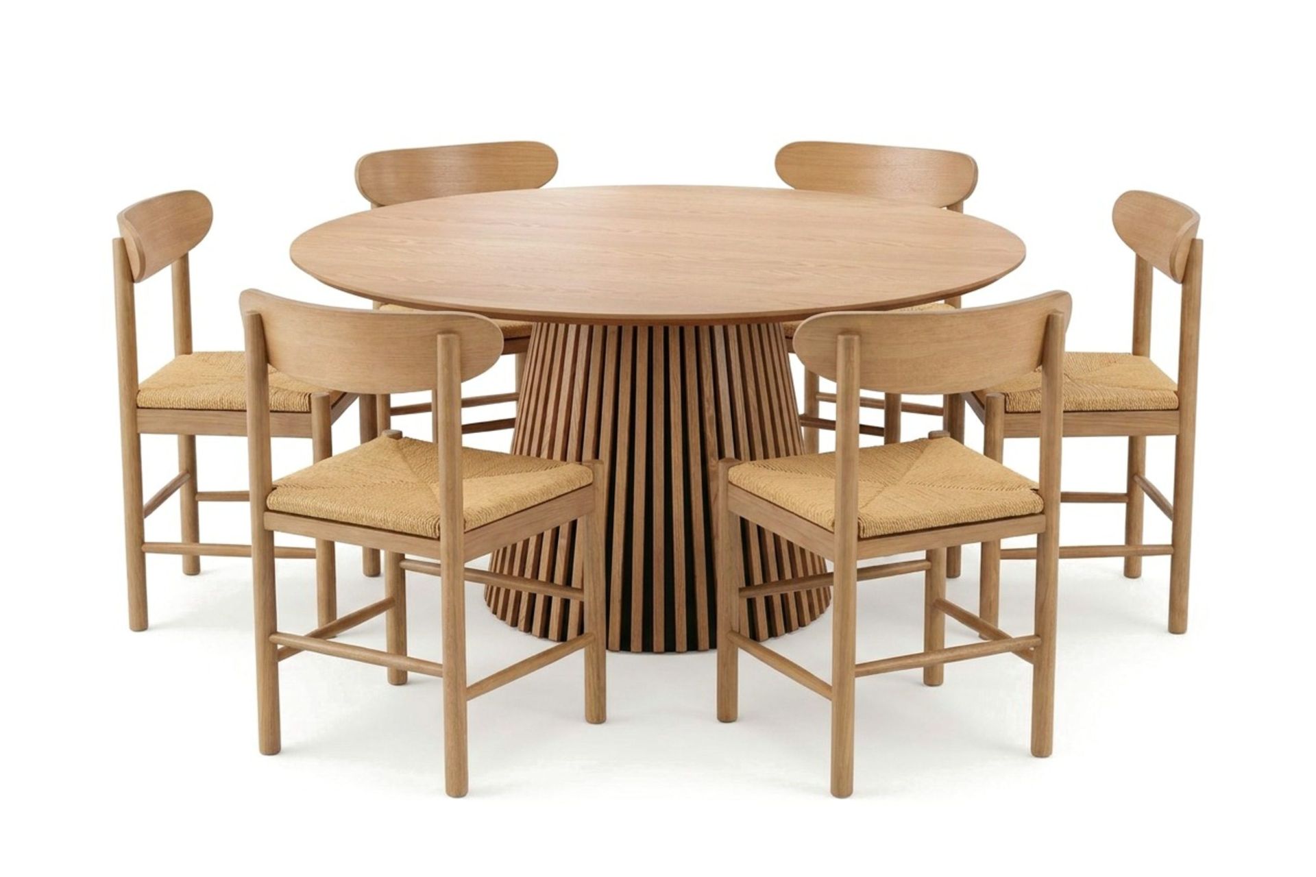 Peyra rund spisegruppe 150 cm eik med 6 Malte-spisestoler -