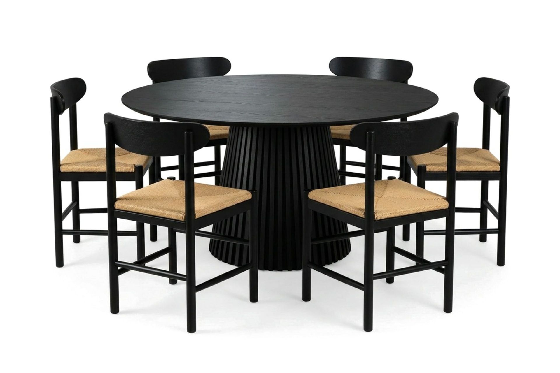 Peyra rund spisegruppe 150 cm svart med 6 Malte-spisestoler -