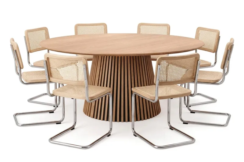 Peyra rund spisegruppe 180 cm eik med 8 Build spisestoler, Eik
