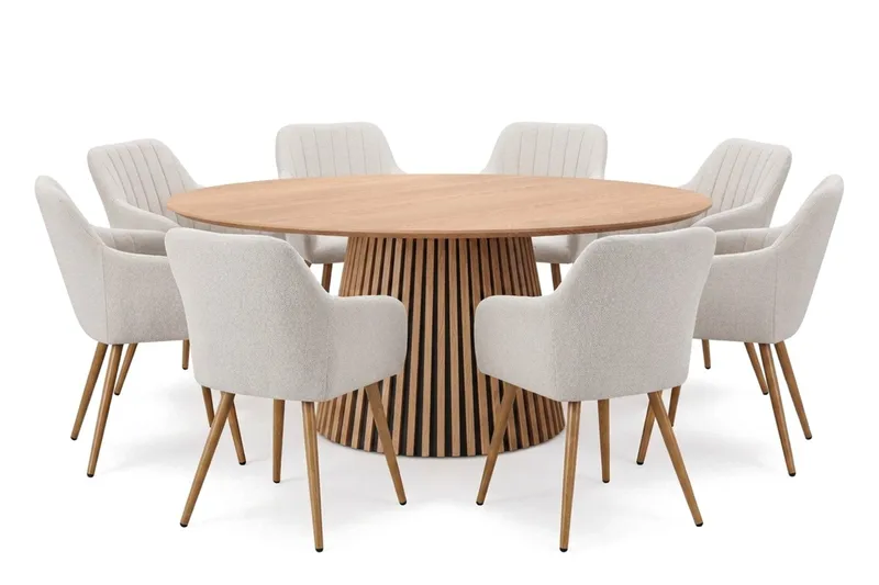 Peyra rund spisegruppe 180 cm Eik med 8 Filippa spisestoler, Eik