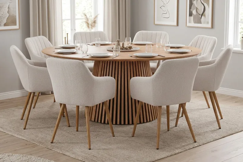 Peyra rund spisegruppe 180 cm Eik med 8 Filippa spisestoler - Eik - Møbler - Bord - Spisegrupper