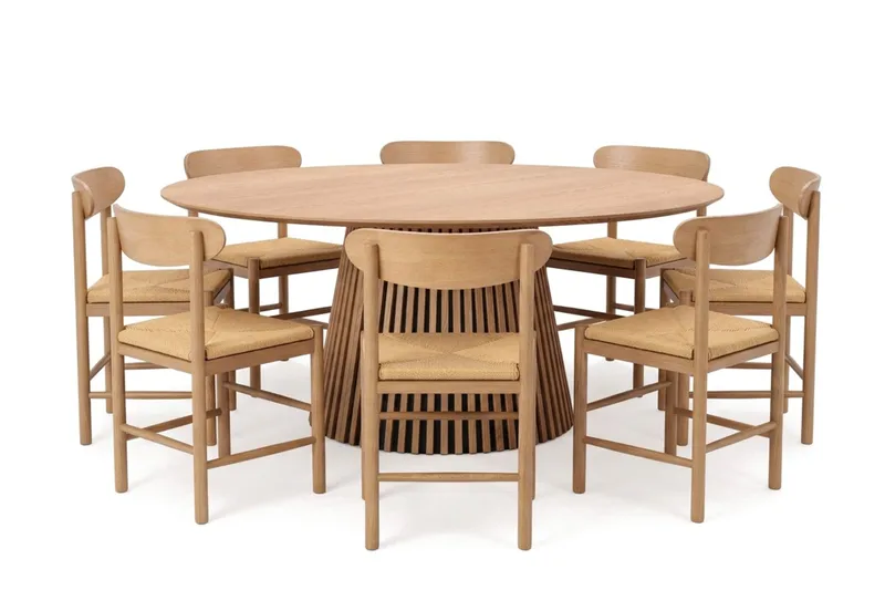 Peyra rund spisegruppe 180 cm eik med 8 Malte-spisestoler, Eik