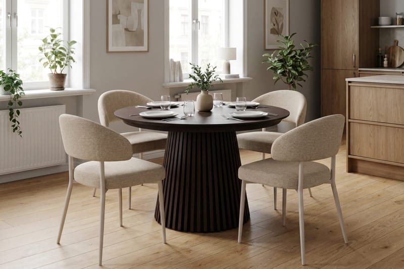 Peyra Rund Uttrekkbar Spisegruppe 120–220 cm – Spisebord med Røkt Eikeutseende og 4 Polstrede Sawako Spisestoler - Brun|Beige - Møbler - Bord - Spisegrupper