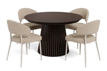 Peyra Rund Uttrekkbar Spisegruppe 120–220 cm – Spisebord med Røkt Eikeutseende og 4 Polstrede Sawako Spisestoler - Brun|Beige - Møbler - Bord - Spisegrupper