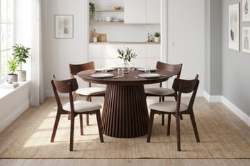 Peyra Rund Uttrekkbar Spisegruppe 120-220 cm – Spisebord med 4 Amelia Spisestoler i Tre med Valnøttutseende - Brun - Møbler - Bord - Spisegrupper