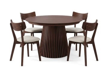 Peyra Rund Uttrekkbar Spisegruppe 120-220 cm – Spisebord med 4 Amelia Spisestoler i Tre med Valnøttutseende - Brun - Møbler - Bord - Spisegrupper