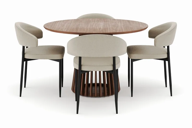 Peyra Rundt Spisebord 120 cm med 4 Sawako Stoler - Valnøtt - Møbler - Bord - Spisegrupper