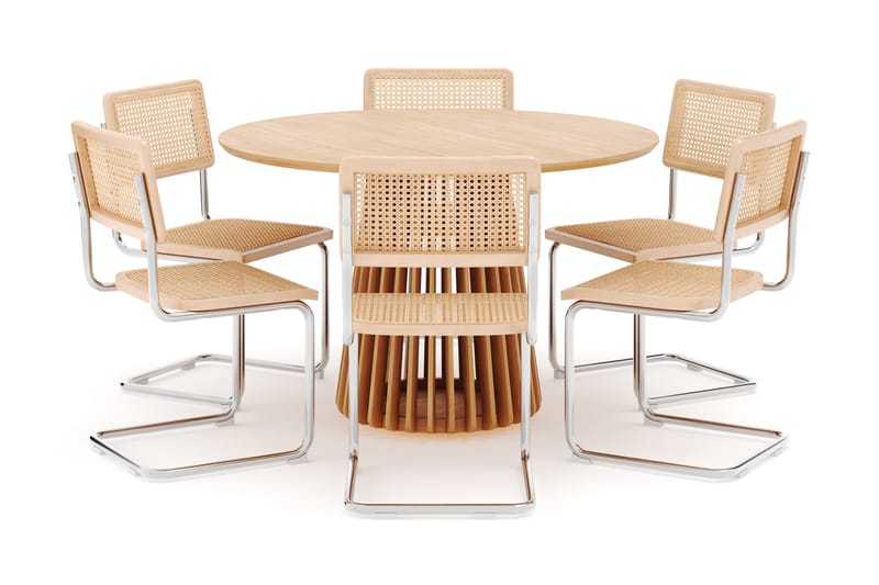 Peyra Spisebord 120 cm Rundt Ek med 6 stk Build Matstkolar - Natur - Møbler - Bord - Spisegrupper