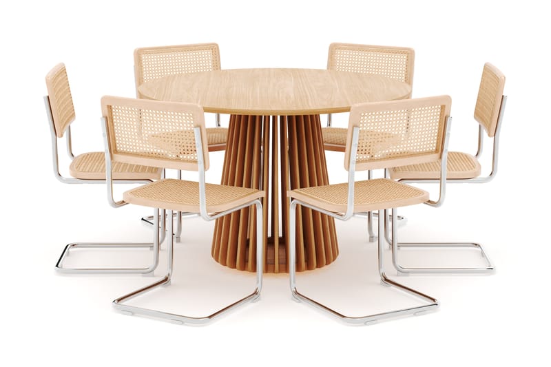Peyra Spisebord 120 cm Rundt Ek med 6 stk Build Matstkolar - Natur - Møbler - Bord - Spisegrupper