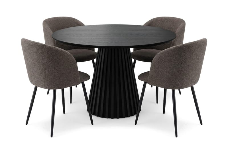 Peyra spisegruppe, rund 110 cm, med 4 Greya spisestoler, Svartbeiset eik