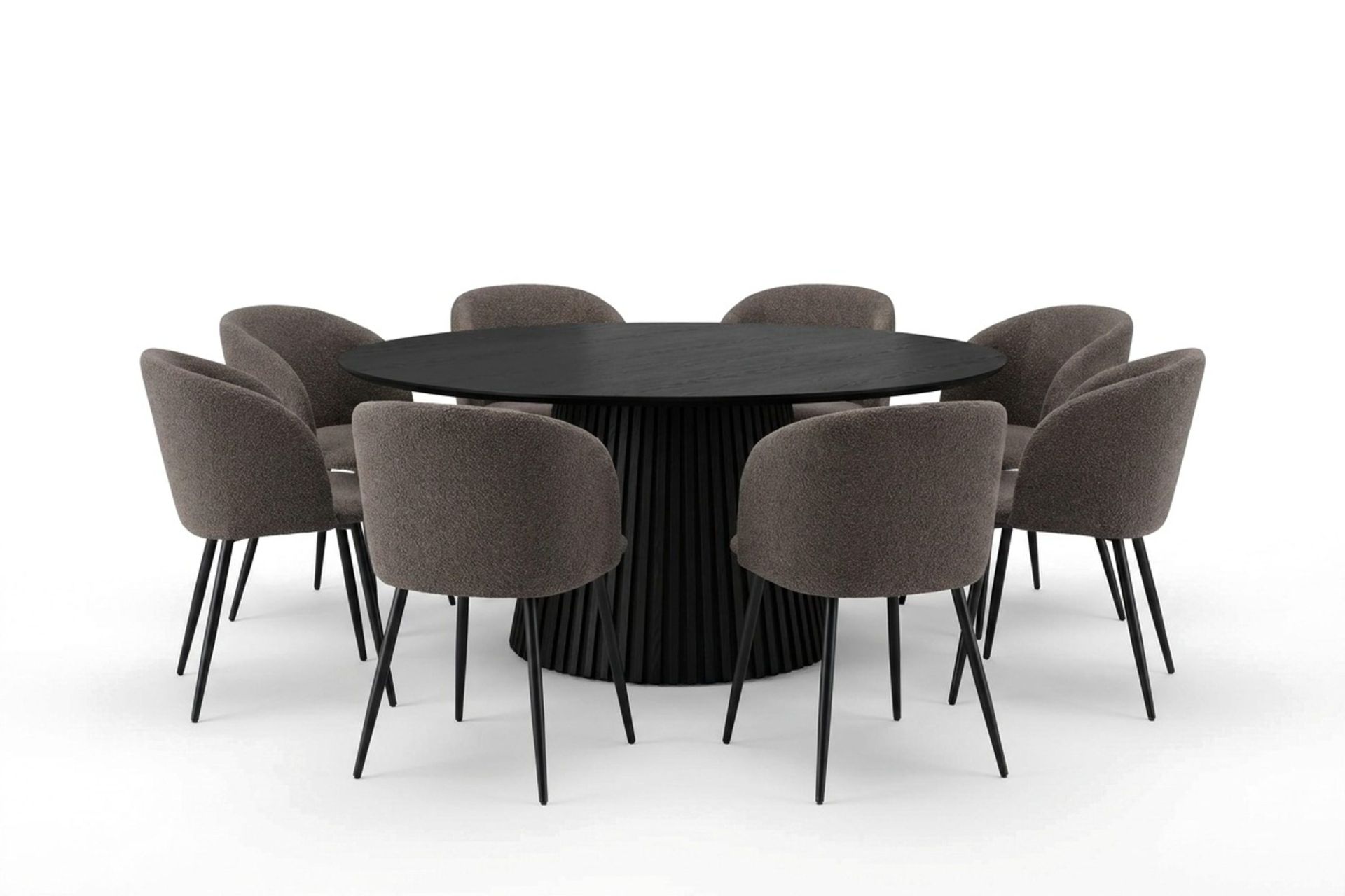 Peyra spisegruppe, rund 180 cm, med 8 Greya spisestoler - Svartbeiset eik