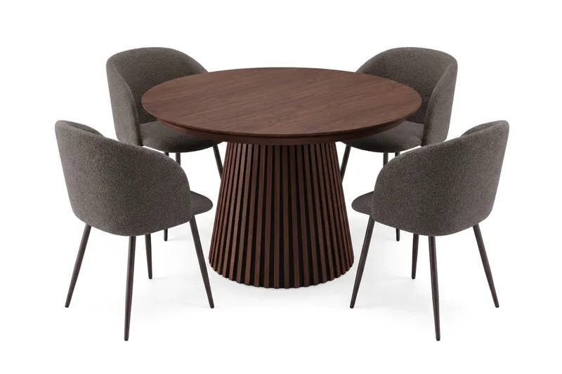 Peyra spisegruppe, uttrekkbar 120–220 cm, med 4 Greya spisestoler, Valnøtt
