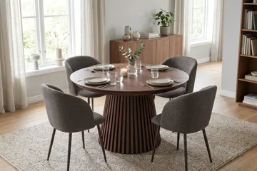 Peyra spisegruppe, uttrekkbar 120–220 cm, med 4 Greya spisestoler - Valnøtt - Møbler - Bord - Spisegrupper