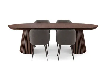 Peyra spisegruppe, uttrekkbar 120–220 cm, med 4 Greya spisestoler - Valnøtt - Møbler - Bord - Spisegrupper