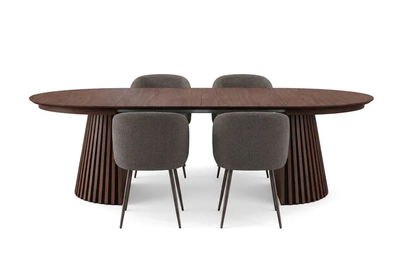 Peyra spisegruppe, uttrekkbar 120–220 cm, med 4 Greya spisestoler - Valnøtt - Møbler - Bord - Spisegrupper
