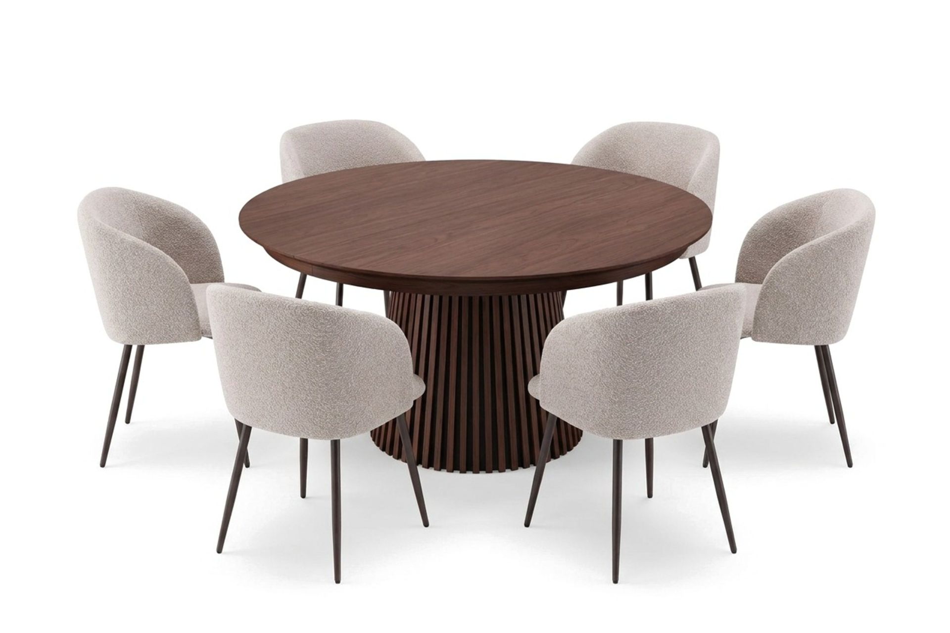 Peyra spisegruppe, uttrekkbar 140–240 cm, med 6 Greya spisestoler - Valnøtt