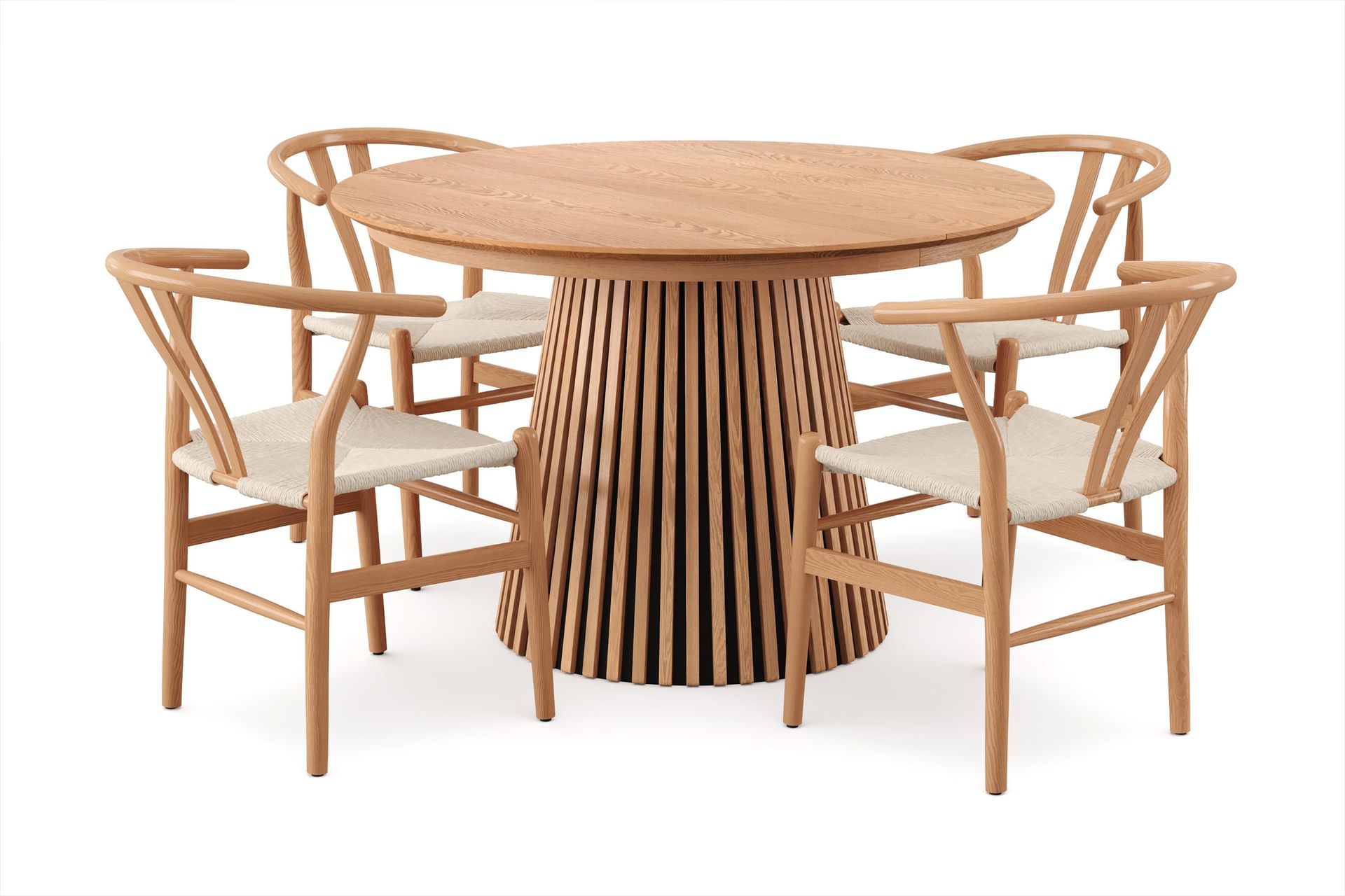 Peyra spisegruppe, uttrekkbar rund 120–220 cm, eik med 4 Dastoori spisestoler - Eik