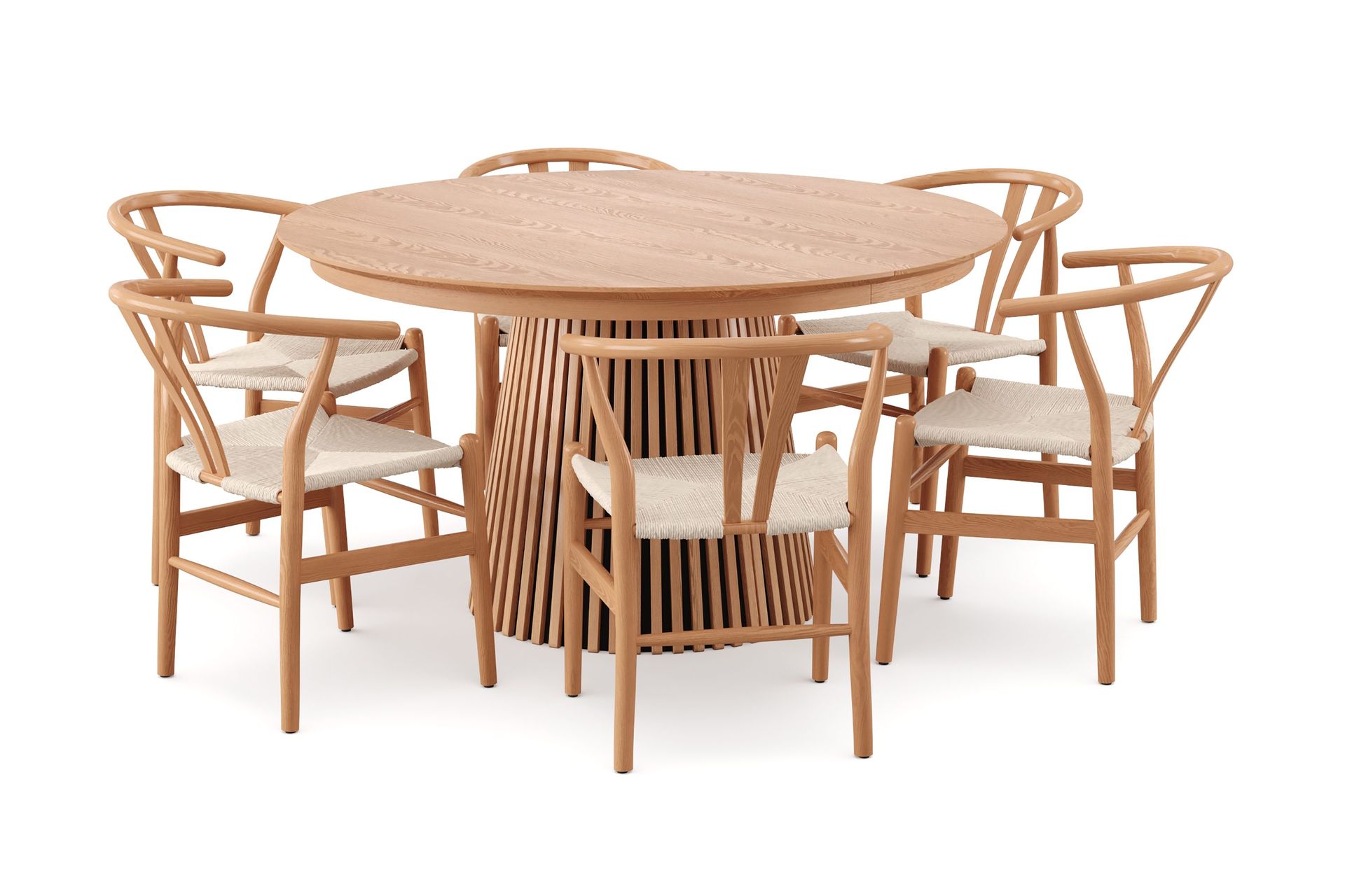 Peyra spisegruppe, uttrekkbar rund 140–220 cm, eik med 6 Dastoori spisestoler - Eik