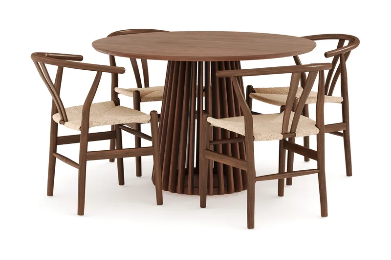 Peyra Spisegruppe 120 cm Rundt Spisebord med 4 Dastoori Spisestoler, Valnøtt / Brun / Beige