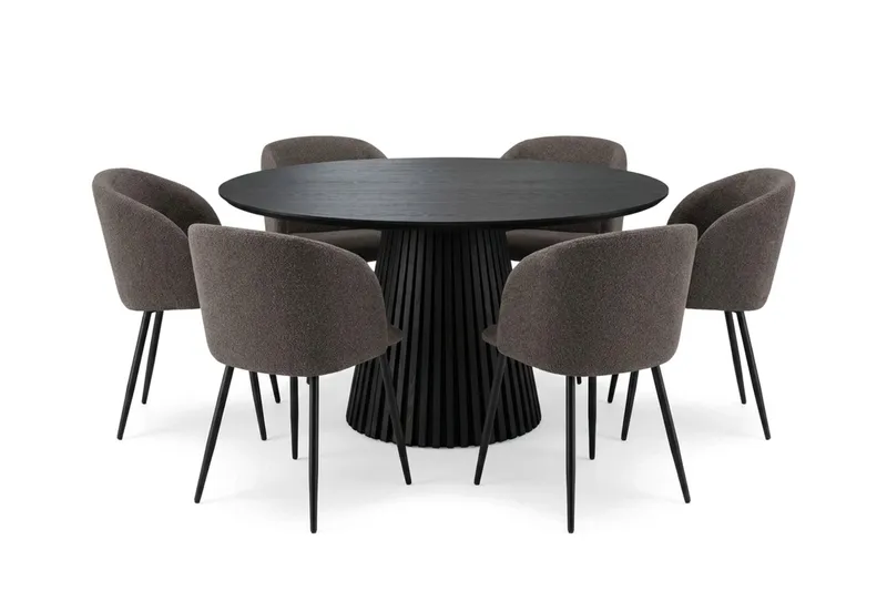 Peyra spisegruppe 130 cm rundt med 6 Greya spisestoler, Svartbeiset eik