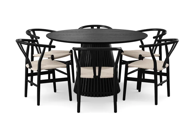 Peyra spisegruppe rund 130 cm svart med 6 Dastoori spisestoler - Svart - Møbler - Bord - Spisegrupper