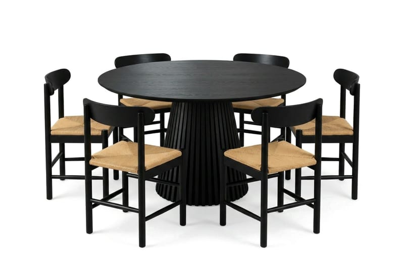 Peyra spisegruppe rund 130 cm svart med 6 Malte spisestoler, undefined