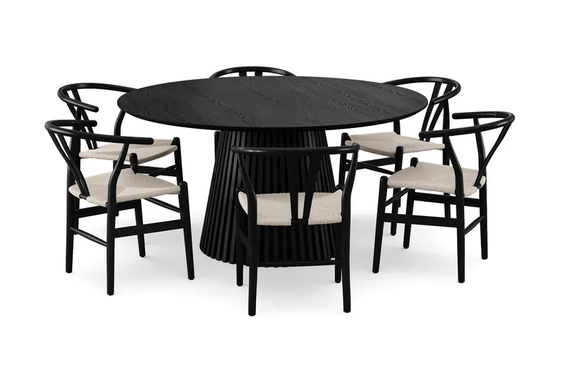Peyra spisegruppe rund 150 cm svart med 6 Dastoori spisestoler, Svart