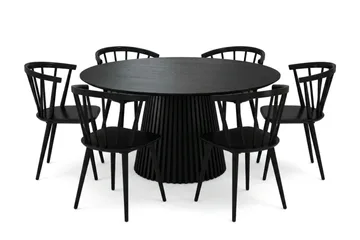 Peyra spisegruppe rund 150 cm svart med 6 Tyrö spisestoler - Svart - Møbler - Bord - Spisegrupper