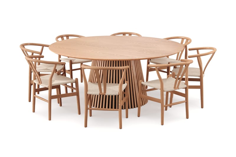 Peyra spisegruppe rund 180 cm eik med 8 Dastoori spisestoler, Eik