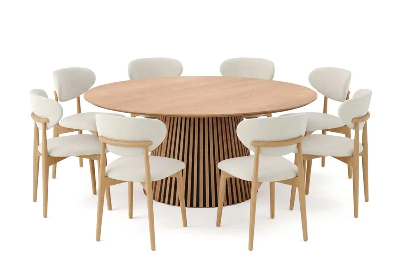 Peyra spisegruppe rund 180 cm eik med 8 Molly spisestoler, Eik