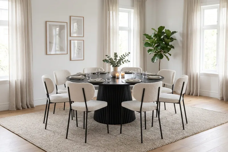 Peyra spisegruppe rund 180 cm svart med 8 Gemmiano spisestoler - Svart - Møbler - Bord - Spisegrupper