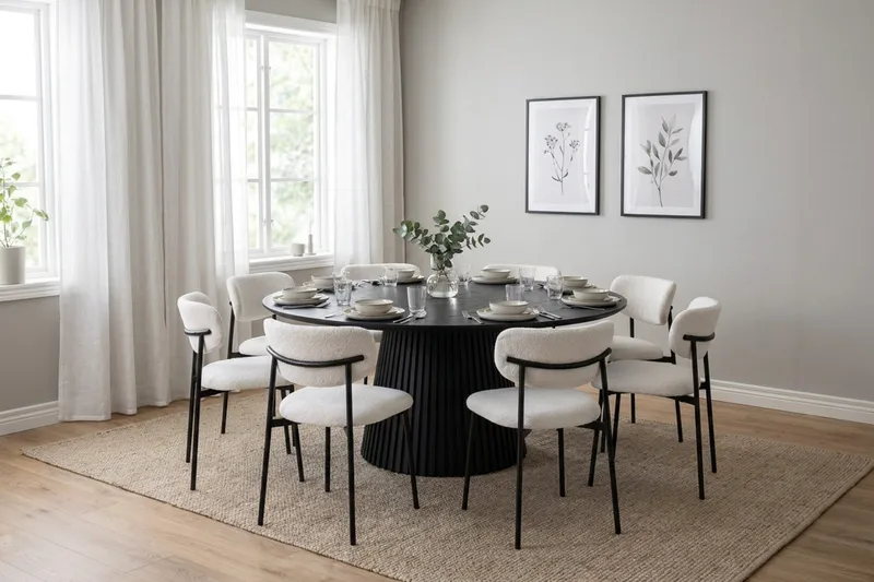 Peyra Spisegruppe rund 180 cm Svart med 8 Lucy Spisestoler - Svartbeiset eik - Møbler - Bord - Spisegrupper
