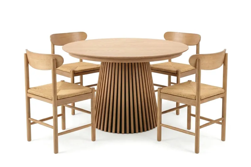 Peyra spisegruppe uttrekkbar rund 120–220 cm eik med 4 Malte spisestoler, undefined