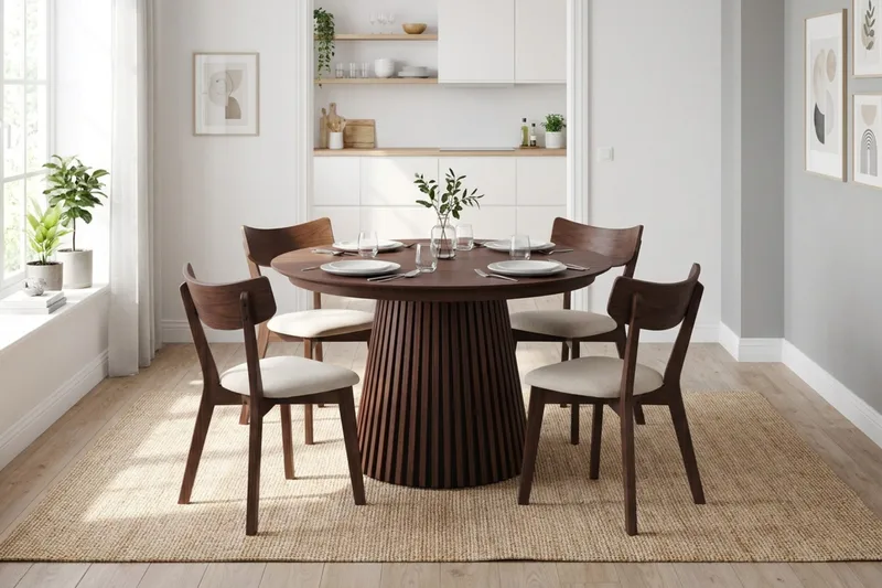 Peyra spisegruppe uttrekkbar rund 120–220 cm i valnøtt med 4 Amelia spisestoler med pute - Valnøtt/Beige - Møbler - Bord - Spisegrupper