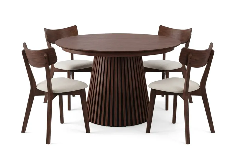 Peyra spisegruppe uttrekkbar rund 120–220 cm i valnøtt med 4 Amelia spisestoler med pute - Valnøtt/Beige - Møbler - Bord - Spisegrupper