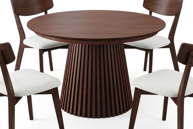 Peyra spisegruppe uttrekkbar rund 120–220 cm i valnøtt med 4 Amelia spisestoler med pute - Valnøtt/Beige - Møbler - Bord - Spisegrupper