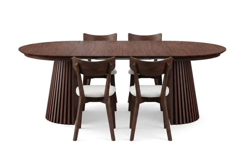 Peyra spisegruppe uttrekkbar rund 120–220 cm i valnøtt med 4 Amelia spisestoler med pute - Valnøtt/Beige - Møbler - Bord - Spisegrupper