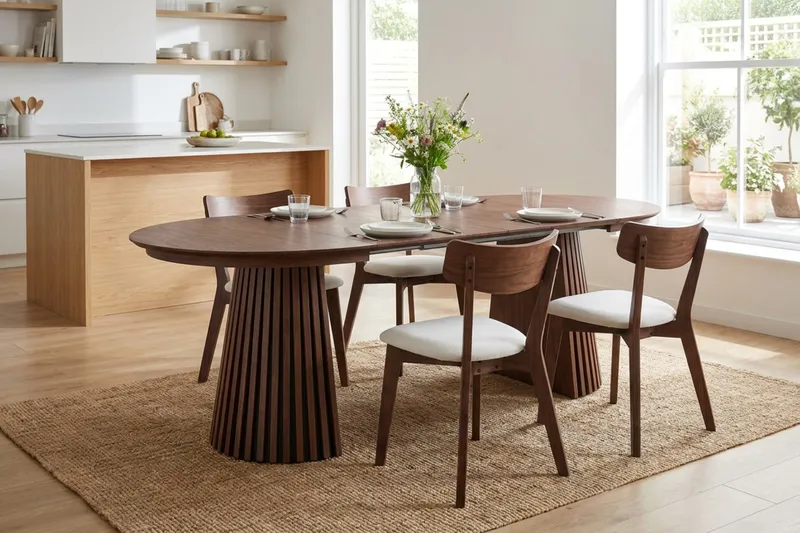 Peyra spisegruppe uttrekkbar rund 120–220 cm i valnøtt med 4 Amelia spisestoler med pute - Valnøtt/Beige - Møbler - Bord - Spisegrupper