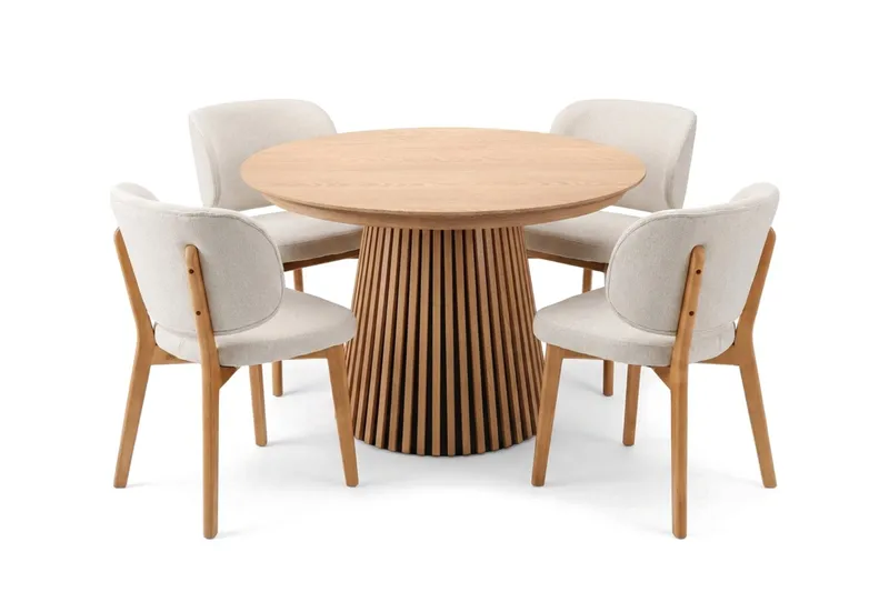 Peyra spisegruppe uttrekkbar rund 120-220 cm i eik med 4 Eira spisestoler, Eik